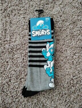 NWT The Smurfs Men's Crew Socks Gray Black Striped Novelty Size 7-12 Official